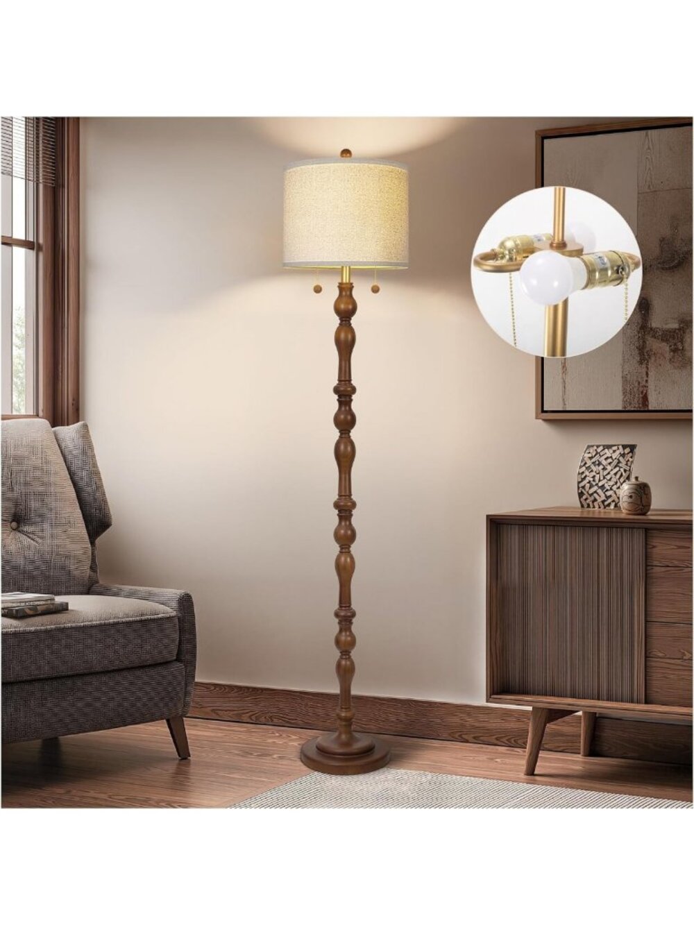 65.5” Natural Wood Floor Lamp with Dual Pull Chains - Stylish Home Lighting
